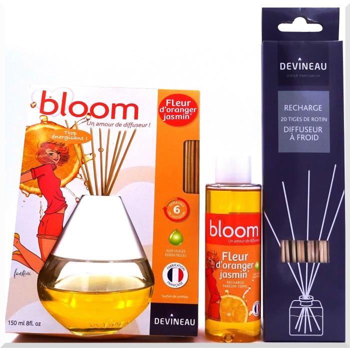 DEVINEAU Diffuseur de parfum a froid Bloom - 150 ml - Fleur d'Oranger Jasmin-  recharge et 20 tiges
