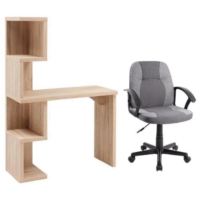 Ensemble Bureau asymétrique CAMPUS décor chene + fauteuil de bureau inclinable BASIC gris en métal revetu de polyester