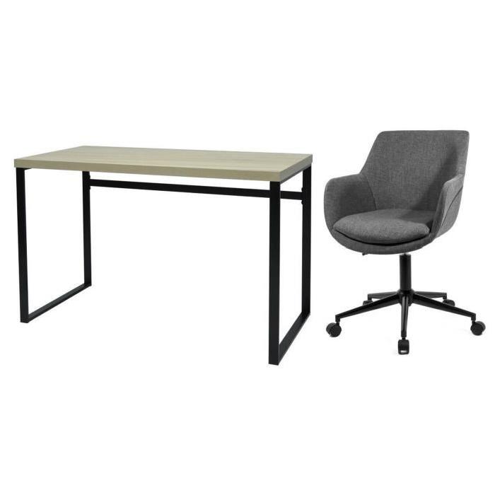 Ensemble Bureau MALONE en acier époxy noir et décor sonoma + fauteuil de bureau inclinable SKEI gris