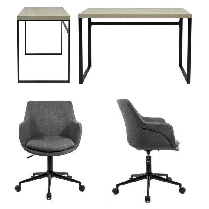 Ensemble Bureau MALONE en acier époxy noir et décor sonoma + fauteuil de bureau inclinable SKEI gris