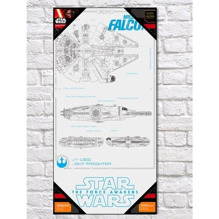 WTT STAR WARS EP7 Affiche Millenium Falcon Blue Print Verre 30 x 60 cm