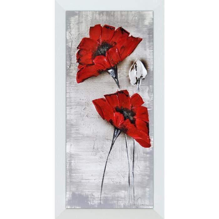 FLOWER Tableau déco toile peinte encadrée 30x60 cm rouge