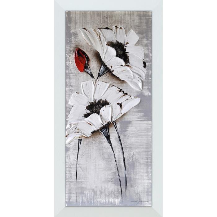 FLOWER Tableau déco toile peinte encadrée 30x60 cm blanc