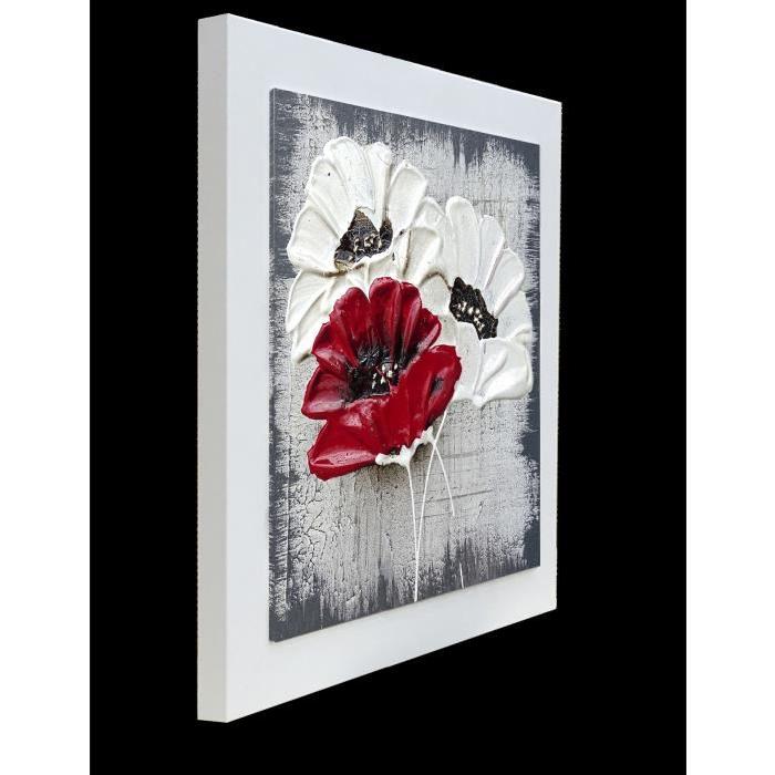 FLOWER Tableau déco toile peinte encadrée 50x50 cm blanc