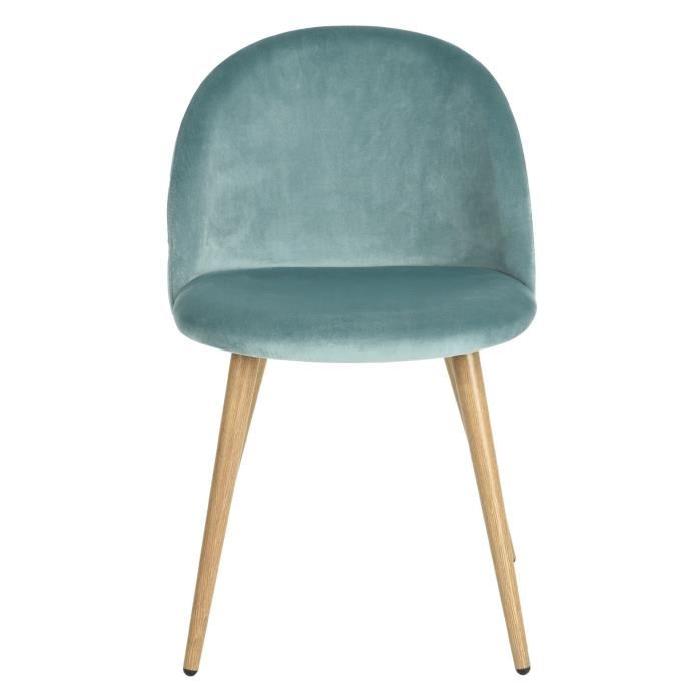 ZOMBA Lot de 2 chaises de salle a manger - Métal imprimé bois - Velours turquoise - Scandinave - L 46 x P 50 cm
