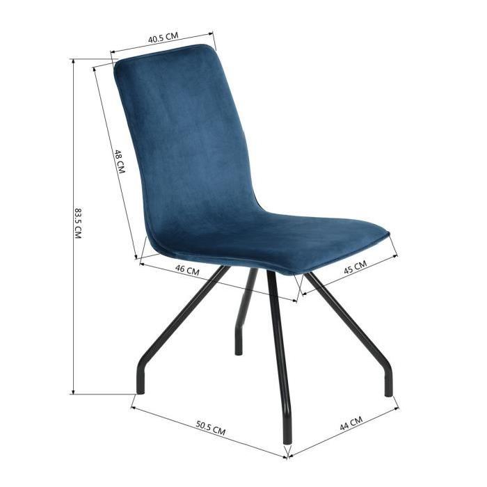 LINNEA VELVET Lot de 2 chaises de salle a manger - Métal revetu de velours bleu - Style contemporain - L 46 x P 58 cm