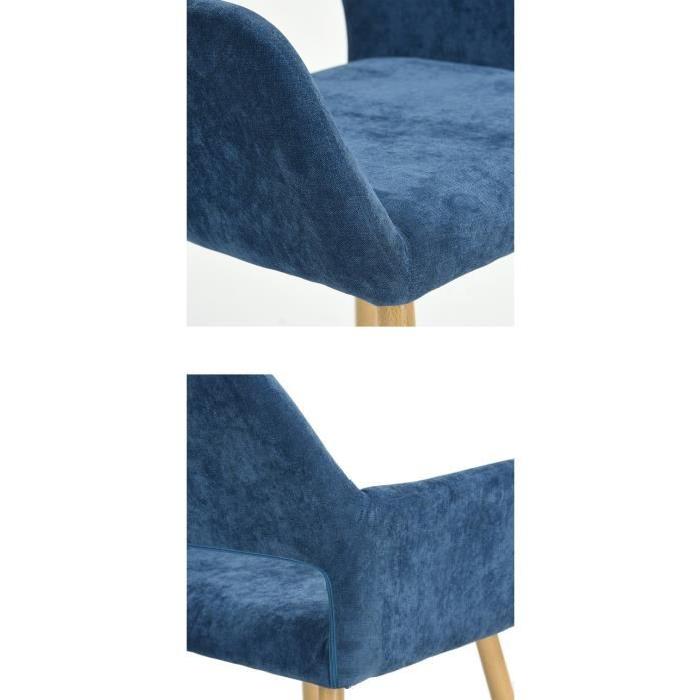 CROMWELL Chaise de salle a manger en métal imprimé bois - Revetement tissu bleu foncé - Style scandinave - L 56 x P 56 cm