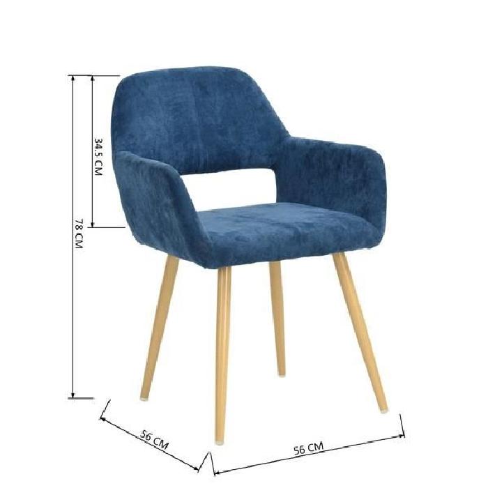 CROMWELL Chaise de salle a manger en métal imprimé bois - Revetement tissu bleu foncé - Style scandinave - L 56 x P 56 cm