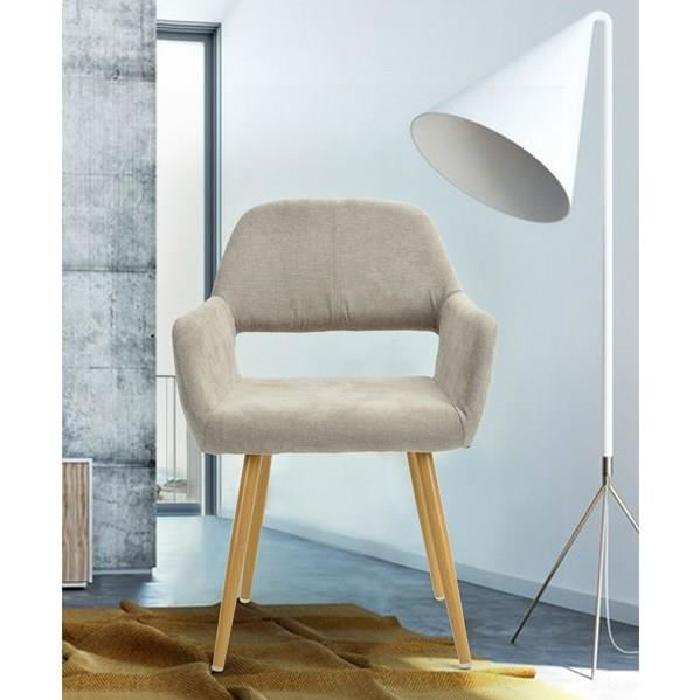 CROMWELL Chaise de salle a manger en métal imprimé bois - Revetement tissu beige - Style scandinave - L 56 x P 56 cm