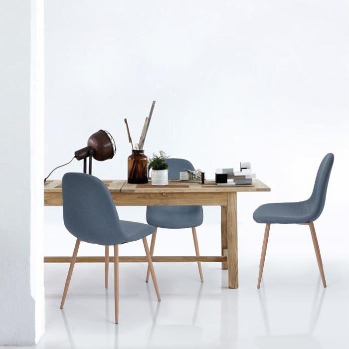 CHARLTON Lot de 4 chaises de salle a manger - Métal imprimé bois revetu de tissu bleu - Style contemporain - L 43 x P 55 cm