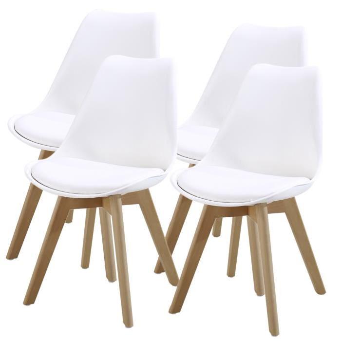 BJORN Lot de 4 chaises de salle a manger en bois hetre massif - Revetement simili - Blanc - Style scandinave - L 49 x P 56 cm