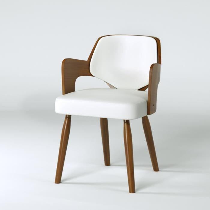 KIRUNA Chaise de salle a manger en bois bambou - Revetement simili blanc - Style vintage - L50 x P51 cm