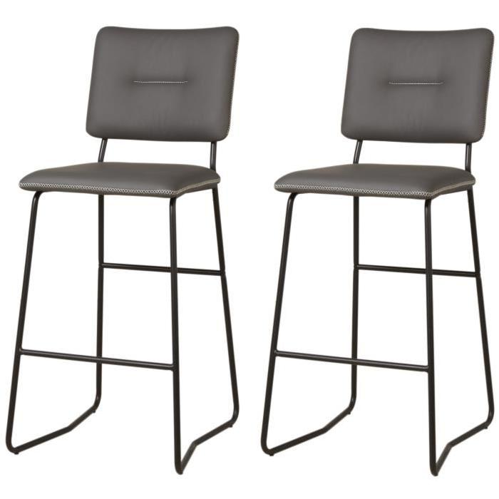 TOVA Lot de 2 tabourets de bar en métal - Simili - Gris - Contemporain - L 43 x P 41 cm